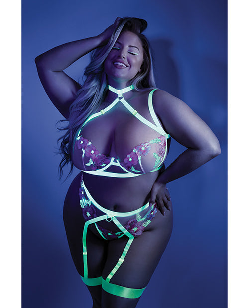 Glow Black Light Embroidered Harness Bra, Leg Garterbelt & G-String Set