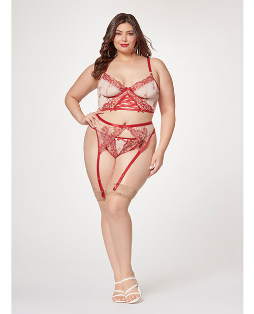 Sheer Stretch Mesh w/Floral Contrast Embroidery Bustier, Garter Belt & Thong