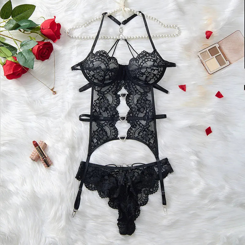 Obsidian Allure Lace Garter Teddy