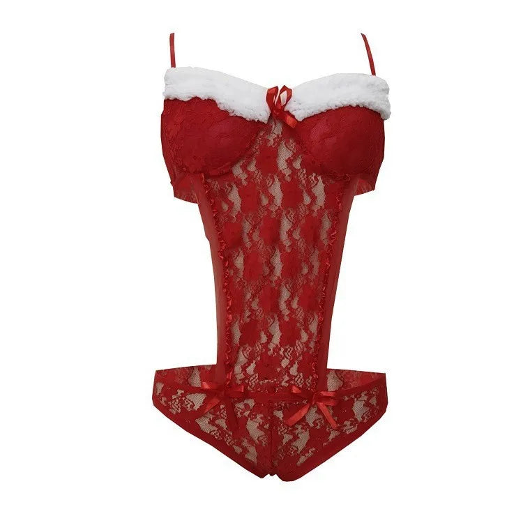 2025 Red Lace Santa Teddy One-Piece – Festive Holiday Corset Bodysuit with Fur Trim & Bow