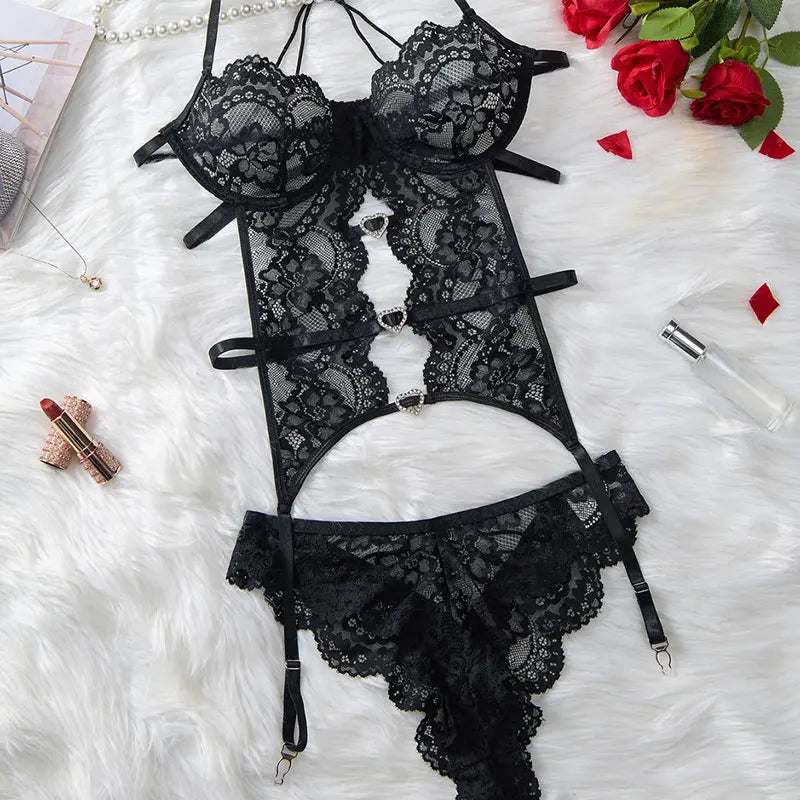 Obsidian Allure Lace Garter Teddy